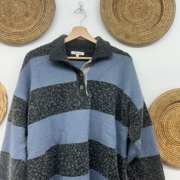 $118 Madewell Gray Blue Collared Knit Rugby Stripe Polo Sweater Plus Size XXL - Picture 4 of 7
